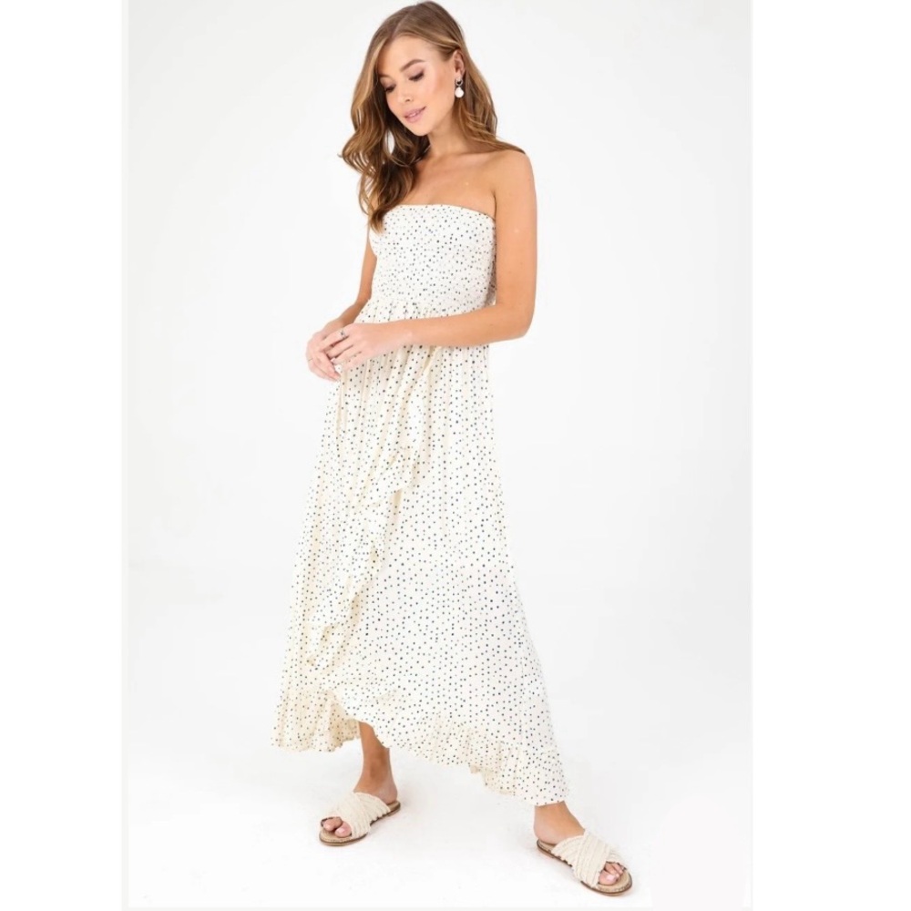 Patrons of Peace Ivory Smock Top Dress with Blue Polka Dots